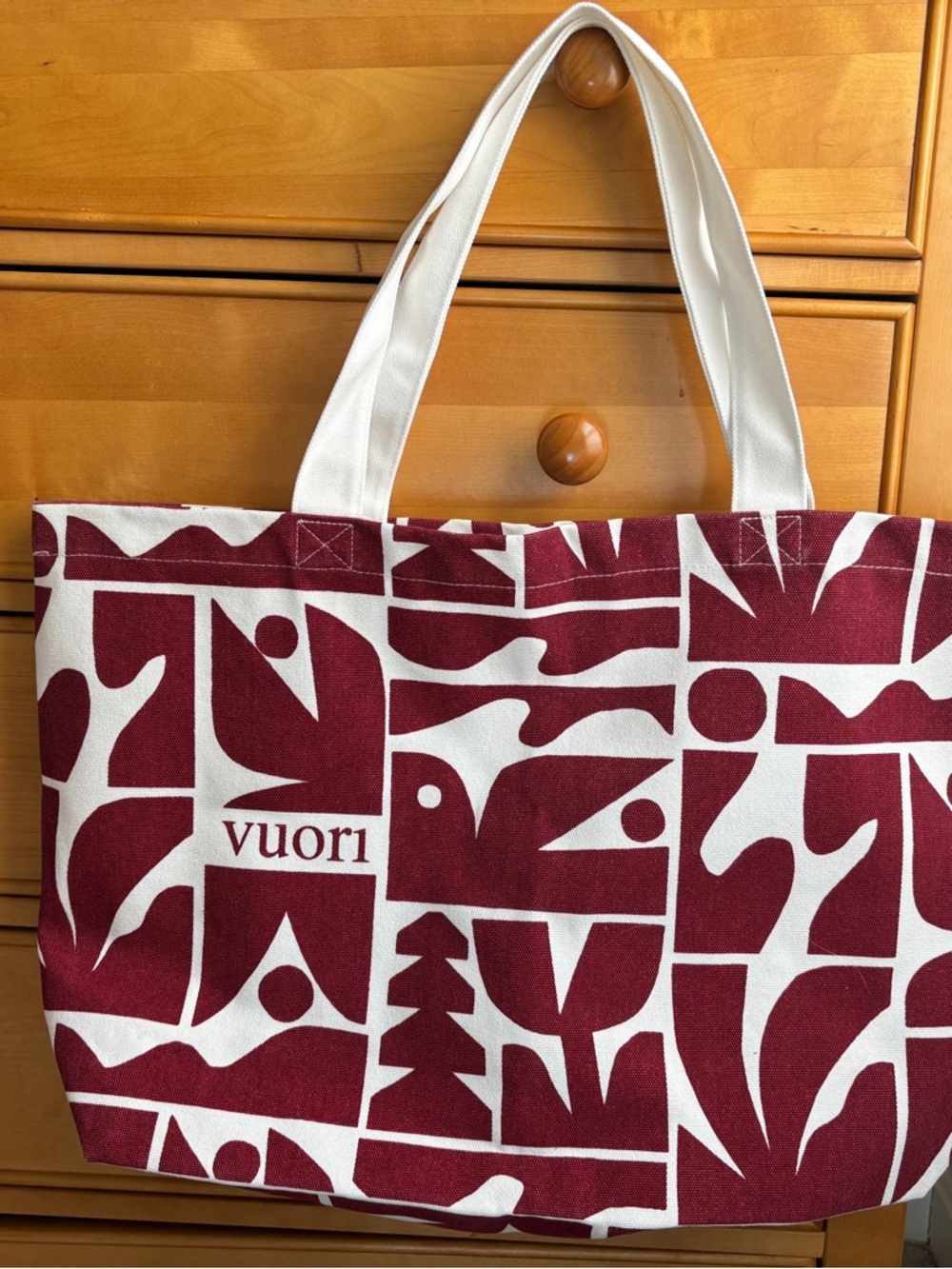 Vuori Burgundy and White Patterned Canvas Tote